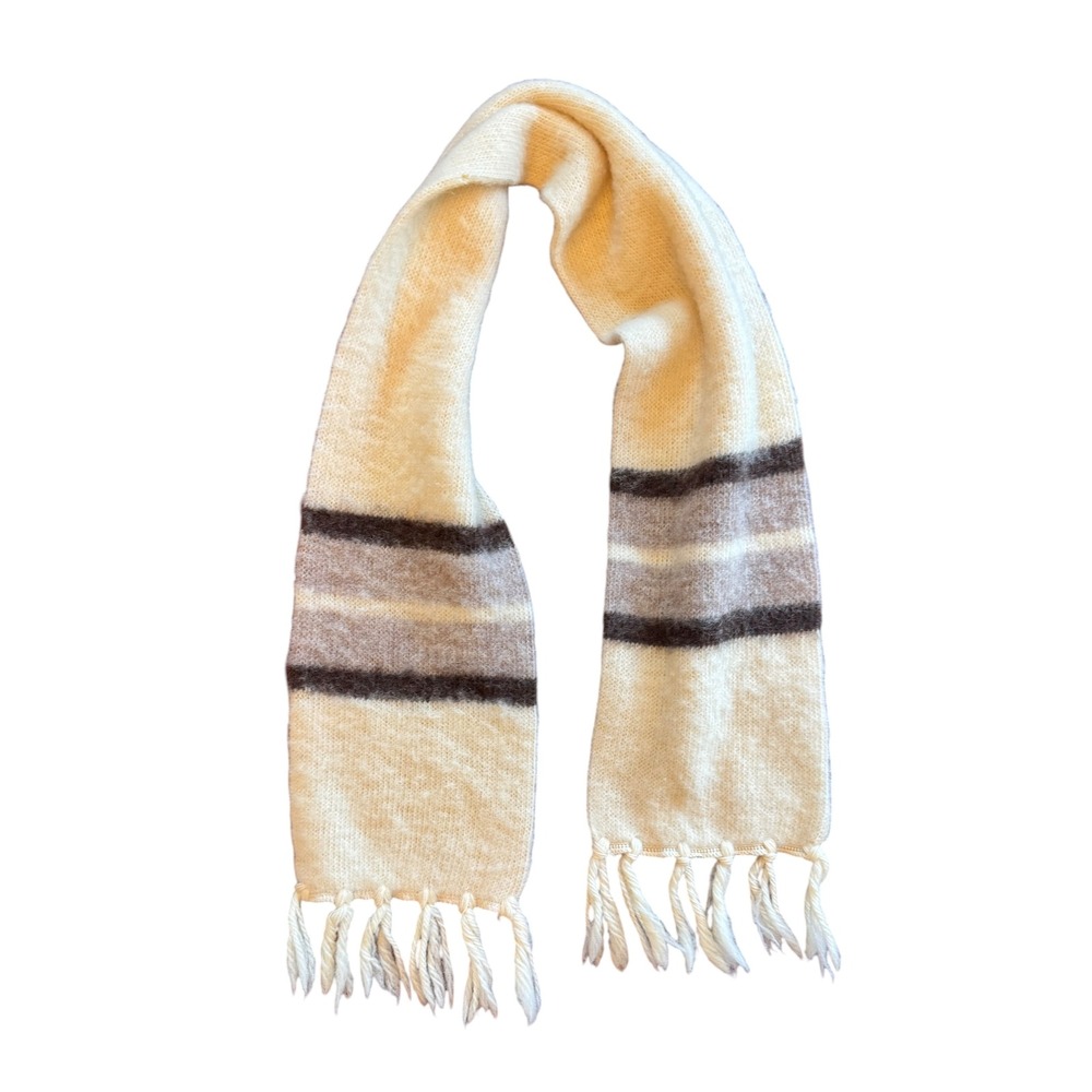 Icelandic Pure New Wool Scarf Cream Brown Striped Fringe Made in Great Britain